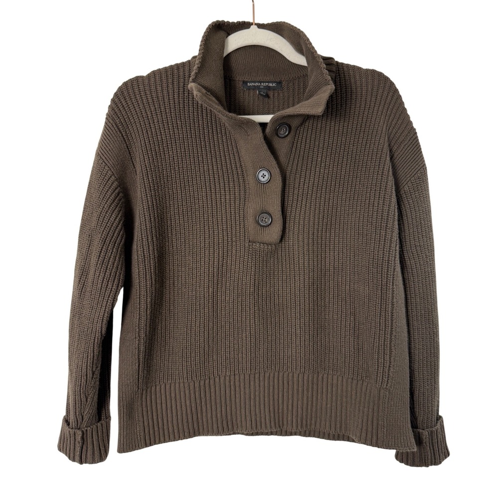 Banana Republic Sweater Women Small Brown Excellent Button Mock Neck Shaker Knit